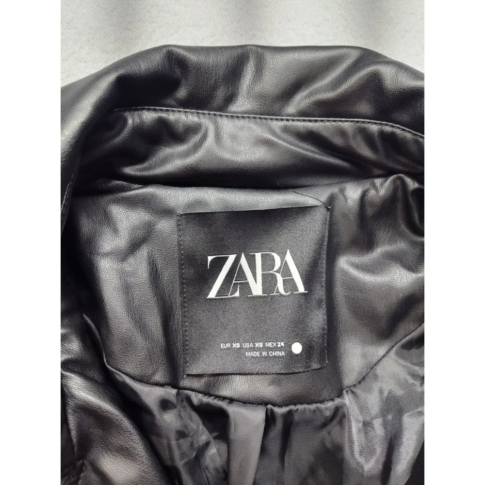 Zara Womens Faux Leather Double Breasted Trench Coat Black XS Longline Belted